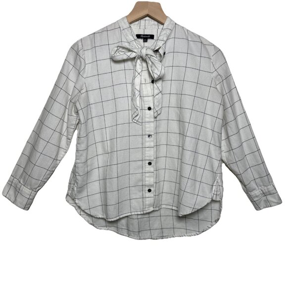 Madewell Flannel Tie Neck Shirt Windowpane XXS Relaxed Fit White Black Button Up - Picture 3 of 12